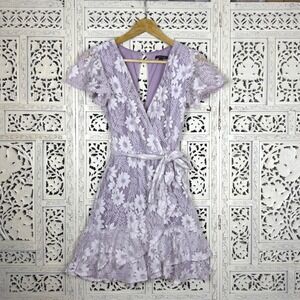Purple‎ Lilac City Triangles Faux Wrap Flowy Dress Sz XS Coquette Y2K Romantic